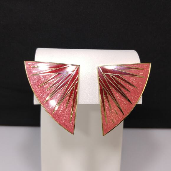 Vintage Isle of Skye Red Rose Fan Clip Earrings, Gold Plated Enamel - Picture 4 of 10